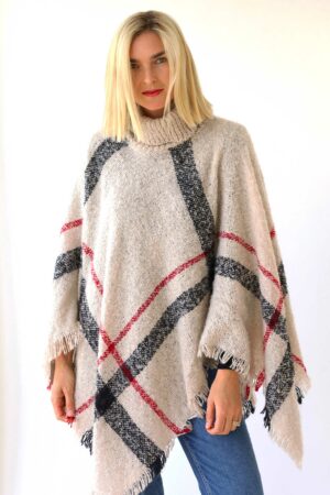 Roll Collar Fringed Poncho
