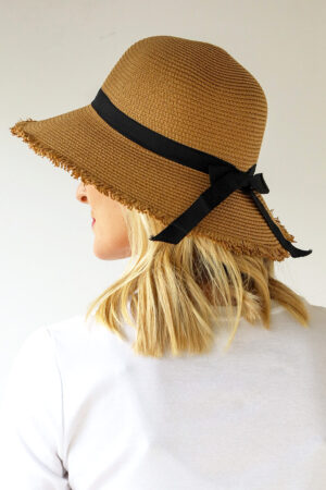 Raw Edge Straw Hat with Ribbon