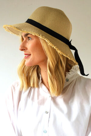 Raw Edge Straw Hat with Ribbon
